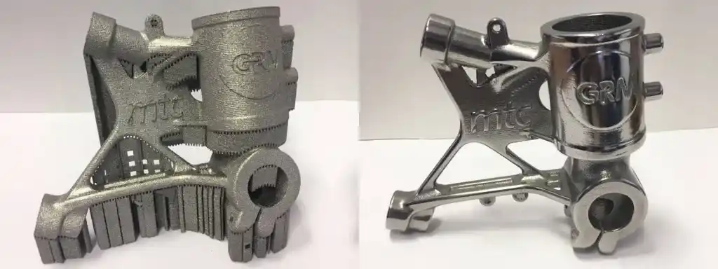 3D printed metal parts (before and after post-processing)